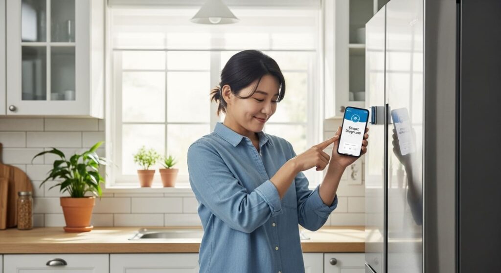 스마트 진단 앱을 참고하여 냉장고 문 틈새의 이물질을 제거하는 사람