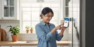 스마트 진단 앱을 참고하여 냉장고 문 틈새의 이물질을 제거하는 사람