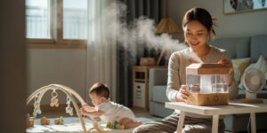 아기방에서 안전하게 자연기화식 가습기를 사용하며 아이와 함께 있는 엄마