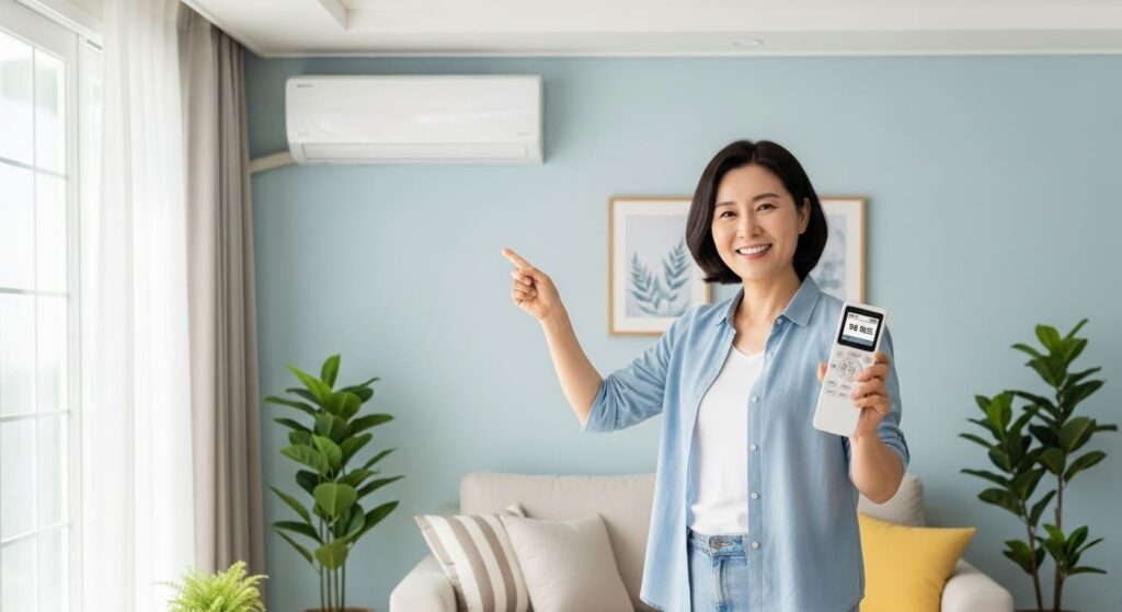 웃는 사람이 에어컨 리모컨의 송풍 모드를 설정하는 장면, 에어컨 냄새 예방 습관