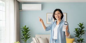 웃는 사람이 에어컨 리모컨의 송풍 모드를 설정하는 장면, 에어컨 냄새 예방 습관