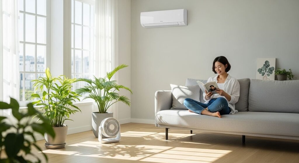 인버터 에어컨과 서큘레이터를 함께 사용하여 시원하고 쾌적하게 생활하는 여성의 모습