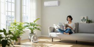 인버터 에어컨과 서큘레이터를 함께 사용하여 시원하고 쾌적하게 생활하는 여성의 모습