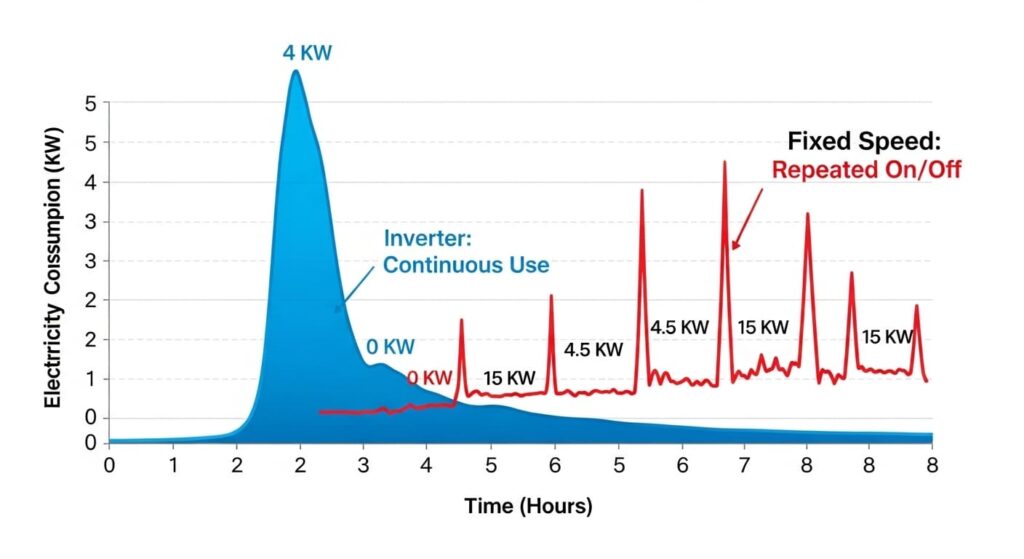 인버터 에어컨의 전력 소모(낮은 유지)와 정속형 에어컨의 전력 소모(반복되는 고전력 스파이크)를 비교하는 명확한 그래프