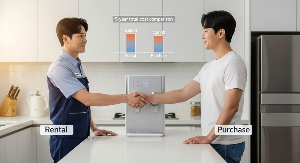 정수기 렌탈과 구매의 5년 총비용을 비교하며 현명한 선택을 하는 모습